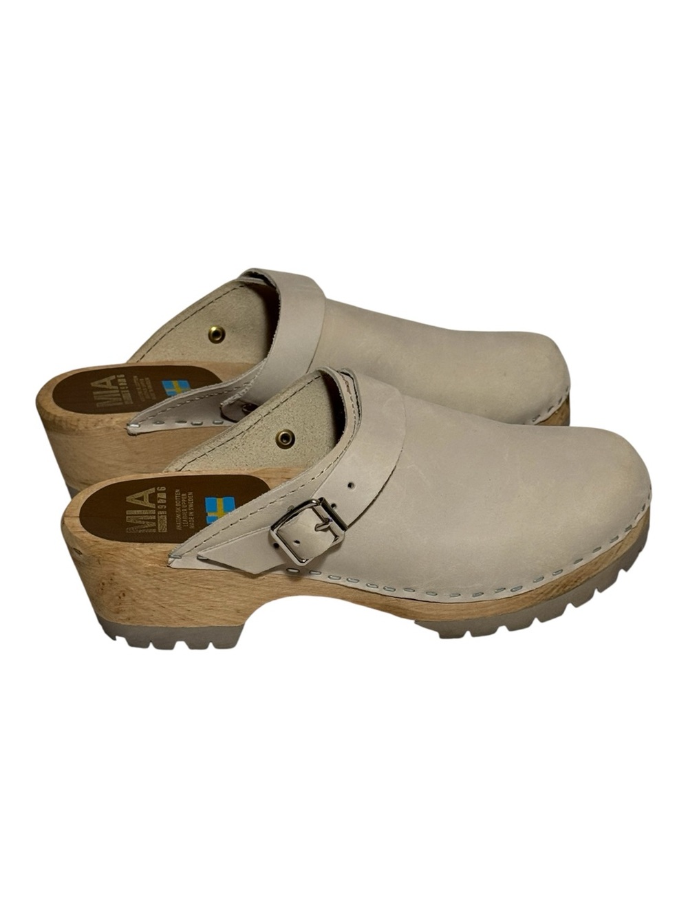 MIA Alma Leather Swedish Wooden Clogs Mule Size 9/ 40 Neutral Cream